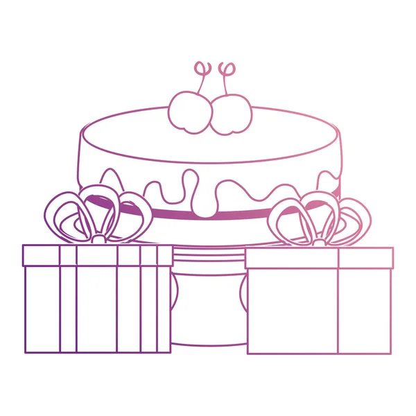 Sweet and delicious cake with gifts presents — Stock Vector