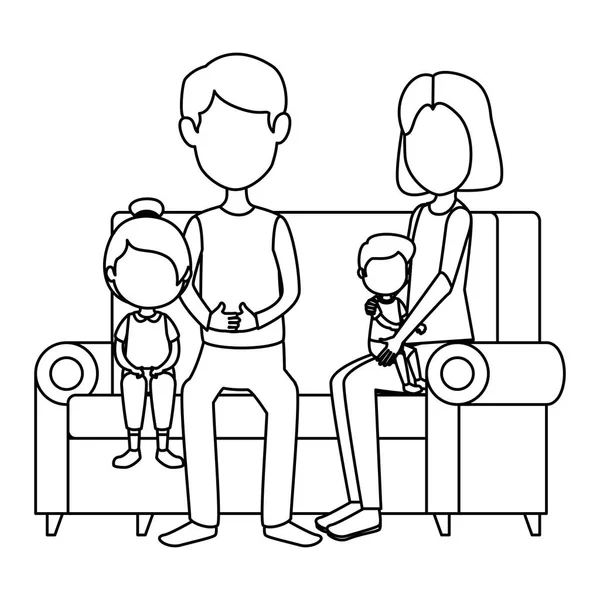 Parents couple with daughter and son in the sofa — Stock Vector