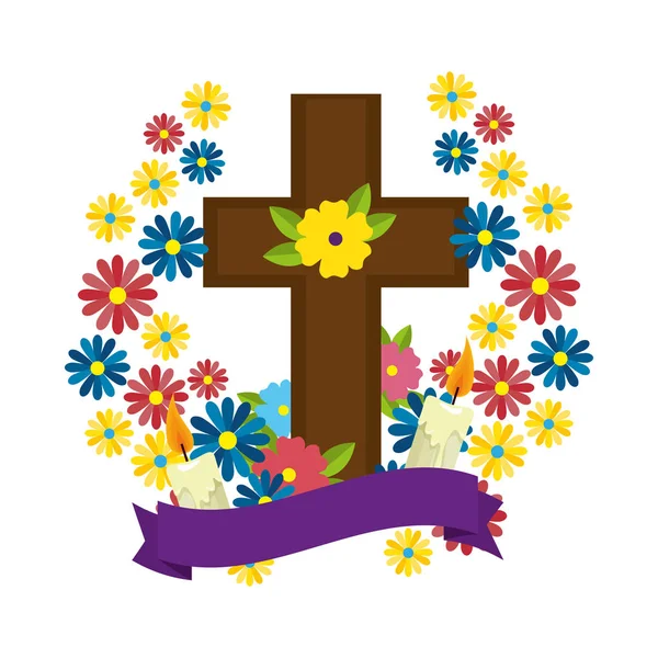 Cruz de madeira com flores de calêndula — Vetor de Stock