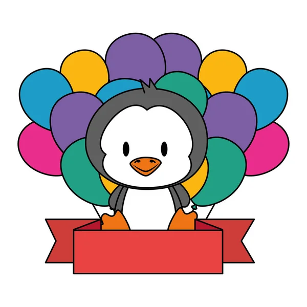 Lindo y adorable pingüino con globos helio — Vector de stock