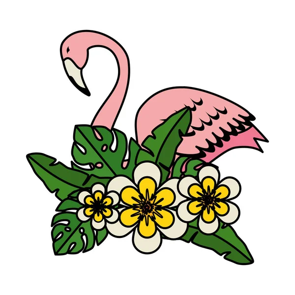 Oiseau flamant élégant avec décoration florale — Image vectorielle