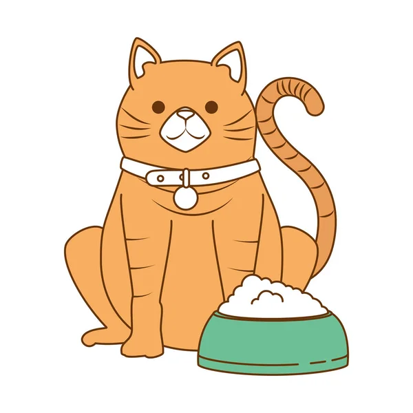 Lindo gato mascota con plato comida carácter — Archivo Imágenes Vectoriales