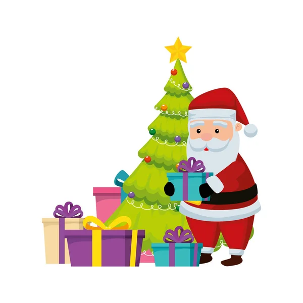 Санта-Клаус с подарками и соснами — стоковый вектор