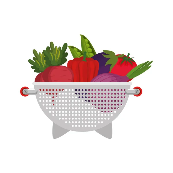 Verduras frescas en colador de cocina — Vector de stock