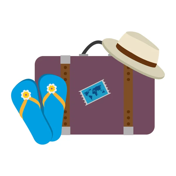 Mala de viagem com chapéu de verão e sandálias — Vetor de Stock
