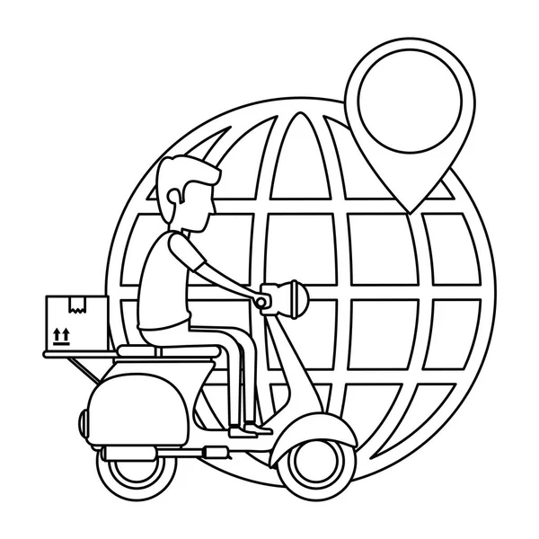 Trabajador de reparto en motocicleta y planeta — Archivo Imágenes Vectoriales