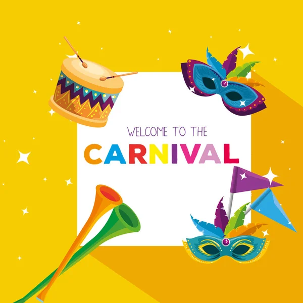 Carte de carnaval avec masques décoration et trompette — Image vectorielle