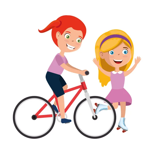 Petites filles amis à vélo et patins personnages — Image vectorielle