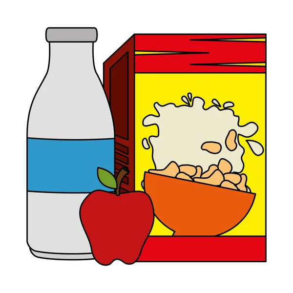 Scatola di cereali con bottiglia di latte e mela — Vettoriale Stock