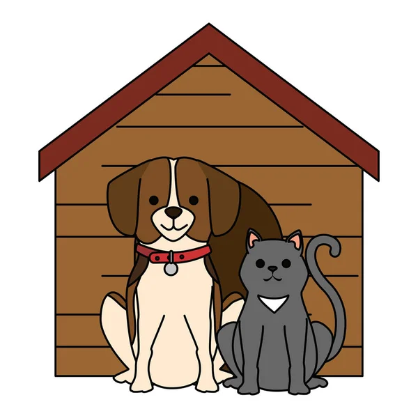 Niedlichen Hund und Katze mit Holzhaus Zeichen — Stockvektor