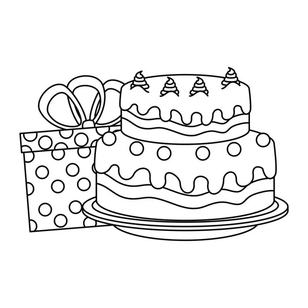 Pastel dulce y delicioso con regalos — Vector de stock