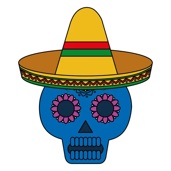 Máscara del día de la muerte con celebración del sombrero mexicano — Vector de stock