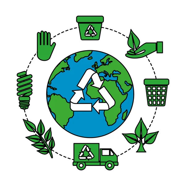 Pianeta terra con frecce di riciclaggio e icone dell'ecologia — Vettoriale Stock