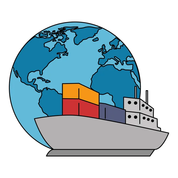 Planeta tierra mundial con nave de carga — Vector de stock