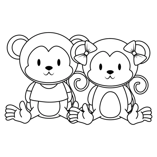 Bonito e adorável macacos casal personagens — Vetor de Stock