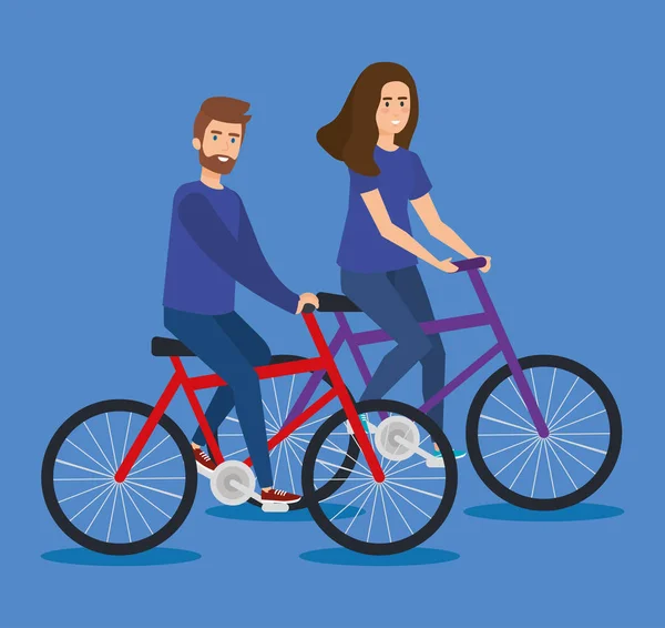 Jeune couple en vélos avatars personnages — Image vectorielle
