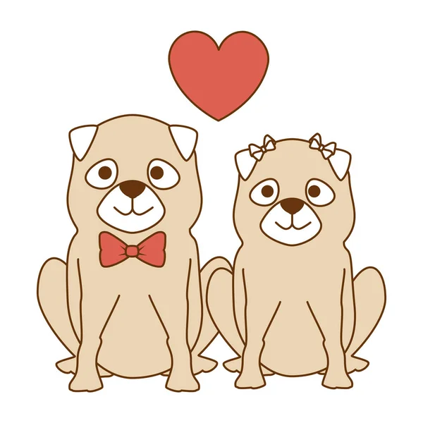 Lindos perros pareja amantes con corazones personajes — Archivo Imágenes Vectoriales