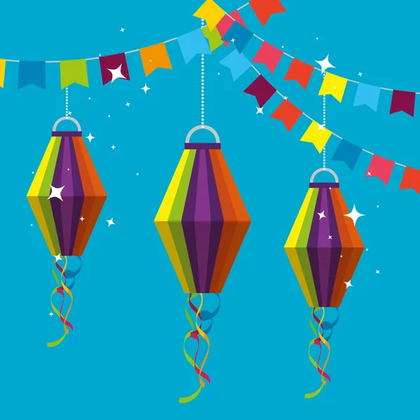 Banner festa con lanterne appese a festa junina — Vettoriale Stock