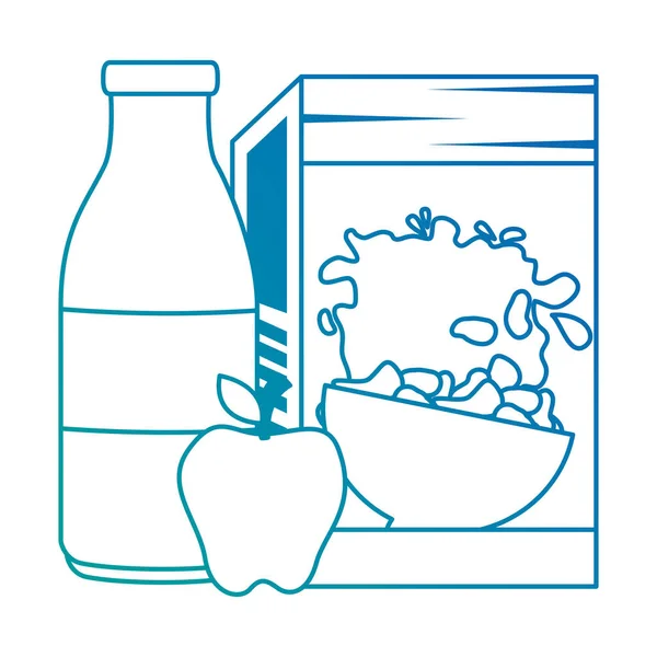 Boîte à céréales avec bouteille de lait et pomme — Image vectorielle