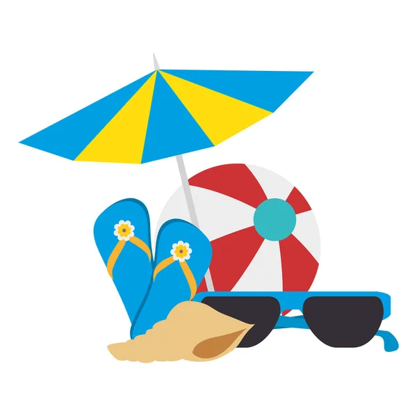 Sombrilla de playa con accesorios de vacaciones — Vector de stock