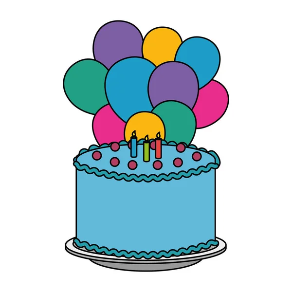 Pyszne ciasto ze świecami i balonami helu — Wektor stockowy