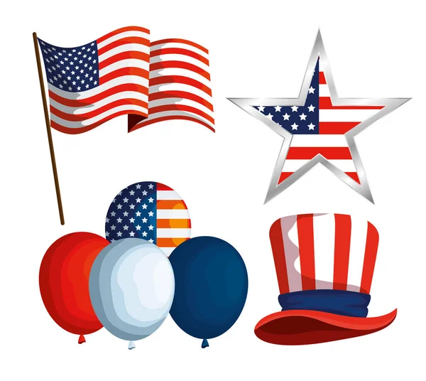 Set usa flag with star and balloons with hat — Stock Vector