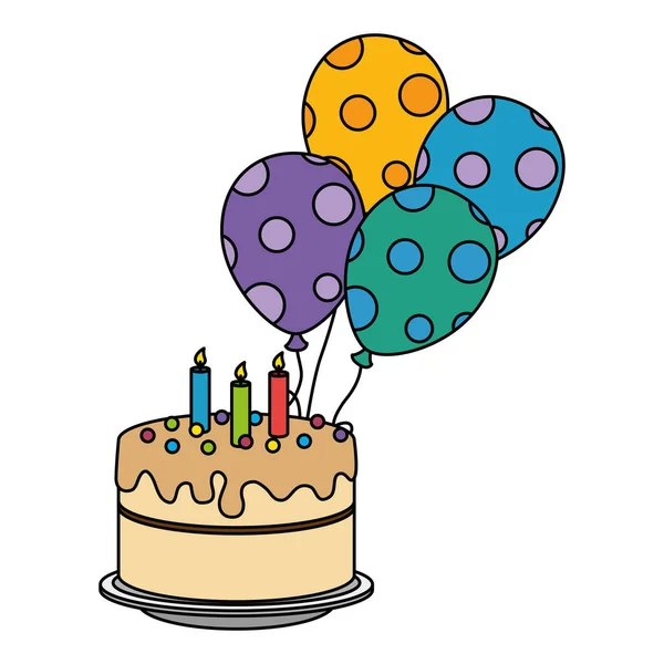 Läcker tårta med ljus och ballonger helium — Stock vektor