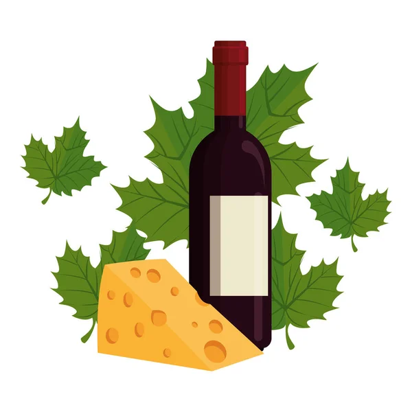 Botella de vino con hojas y queso — Vector de stock