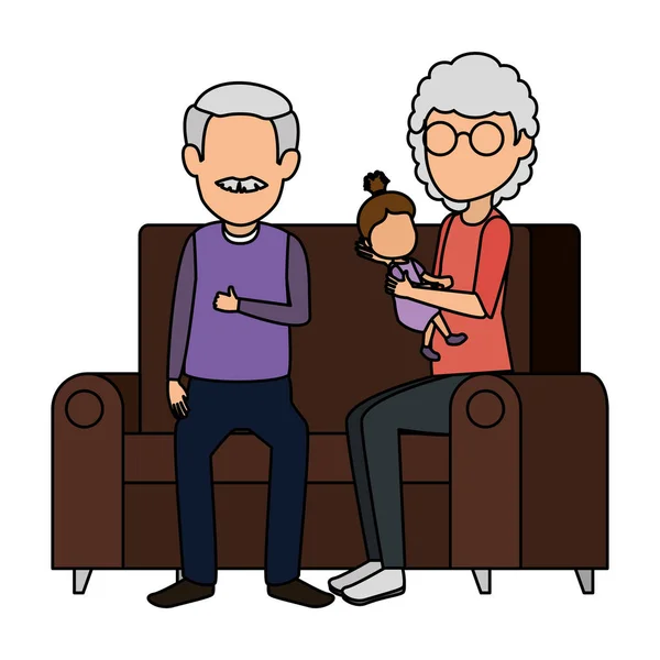 Grandparents couple with granddaughter in the sofa — Stock Vector