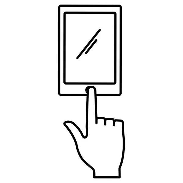 Hand met smartphone apparaatpictogram geïsoleerde menselijke — Stockvector