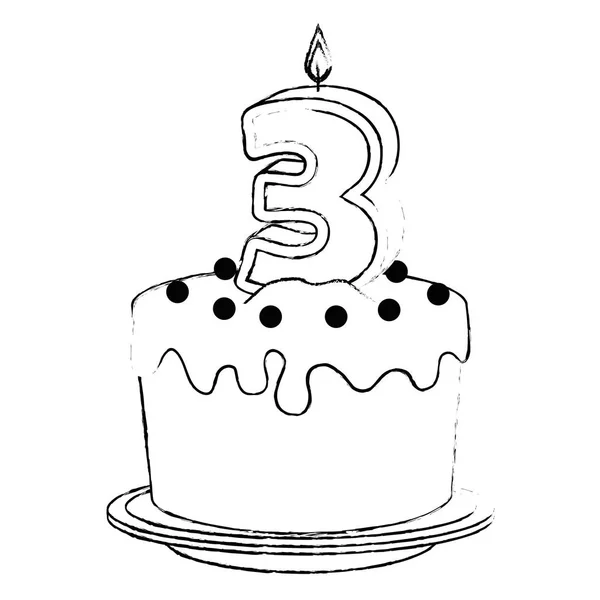 Lindo número tres vela con pastel dulce — Vector de stock
