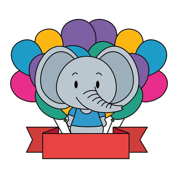 Adorabile elefante con palloncini elio e nastro — Vettoriale Stock