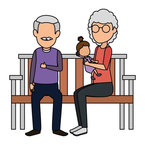 Grandparents couple with granddaughter in park chair — Stock Vector