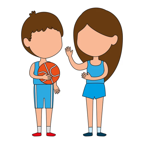 Kleine kinderen paar spelen basketbal personages — Stockvector