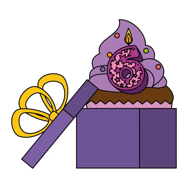 Cupcake sucré avec bougie numéro six en cadeau — Image vectorielle
