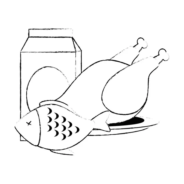 Carne de pollo y pescado con caja de leche — Archivo Imágenes Vectoriales