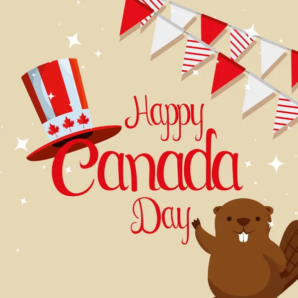 Castoro con cappello patriottico e bandiera del partito del Canada — Vettoriale Stock