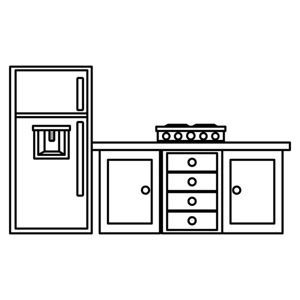Ocak ve buzdolabı ile mutfak çekmecesi ahşap — Stok Vektör