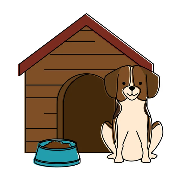 木製の家と皿の食べ物でかわいい犬の品種 — ストックベクタ