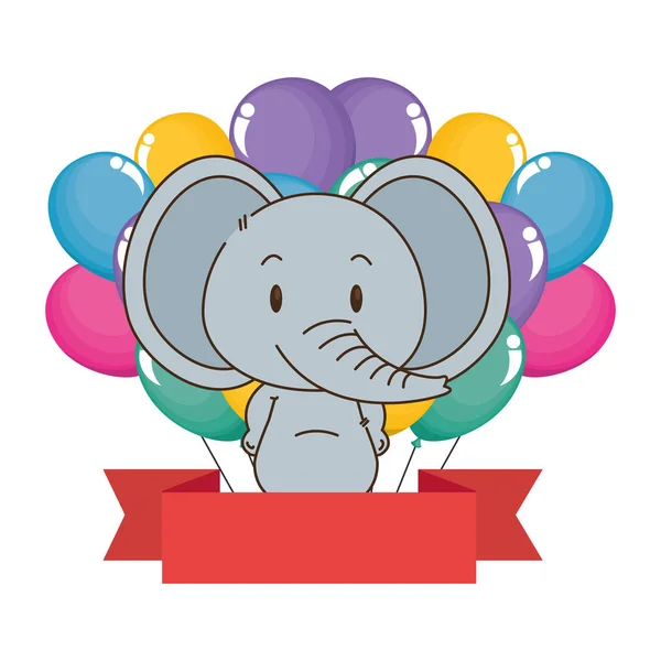 Elefante adorable con globos helio y cinta — Vector de stock