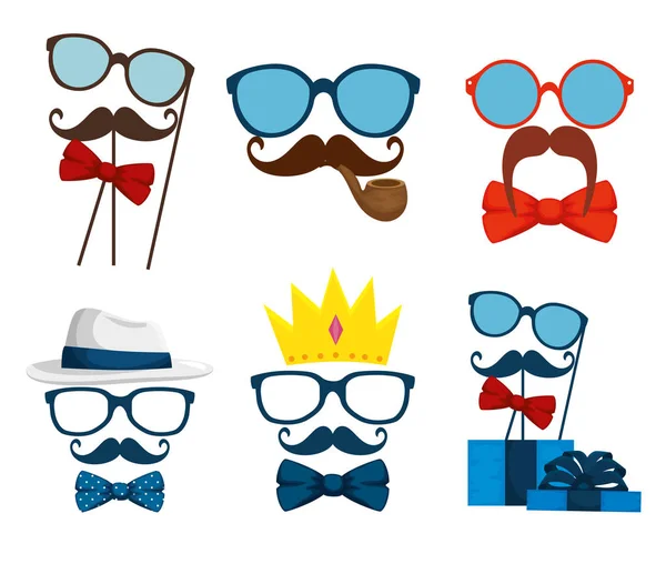 Set glasses with mustache and tie bow accessories — Stock Vector