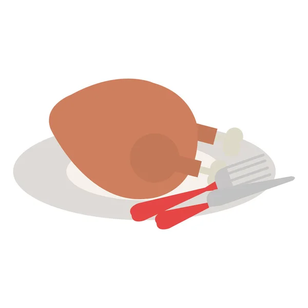 Deliciosa carne de pollo en plato con cubiertos — Vector de stock