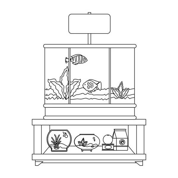 Полки ветеринарного магазина с аквариумами и продуктами — стоковый вектор