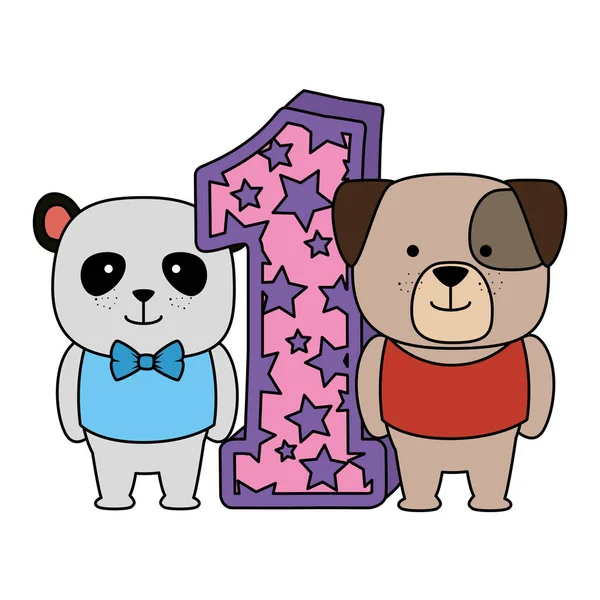 Χαριτωμένο νούμερο ένα με αρκούδα panda και σκύλους χαρακτήρες — Διανυσματικό Αρχείο