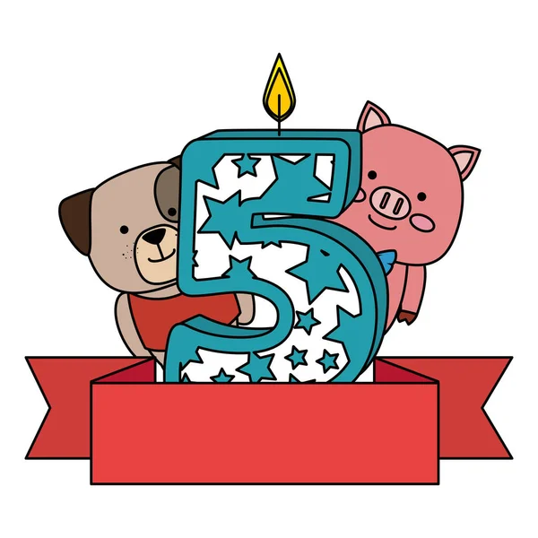 Милий номер п'ять свічок з собакою і свинею — стоковий вектор