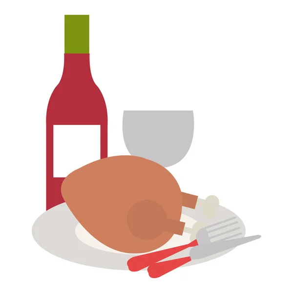 Lahodné kuřecí maso s katlérií a vínem — Stockový vektor