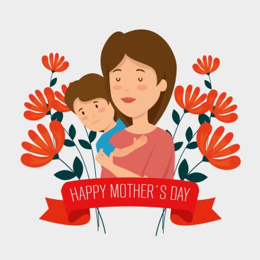 oğlu ve çiçek bitkiler ile şerit ile kadın