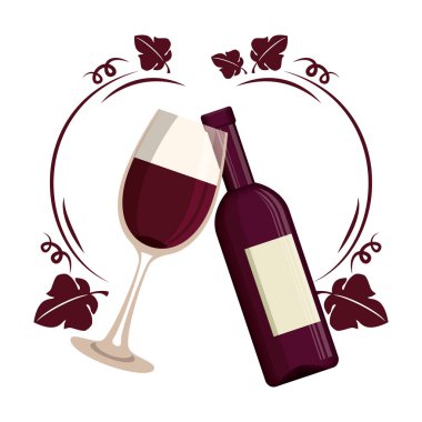 Şarap şişesi ve yapraklı bardak.