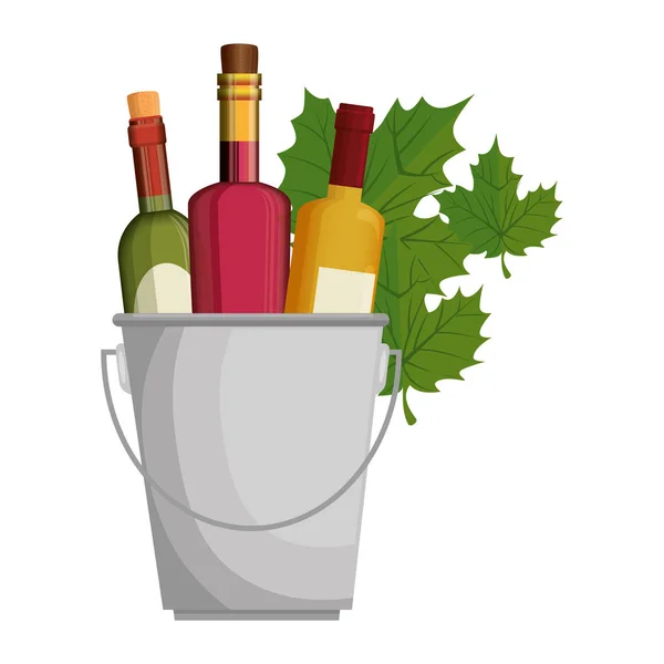 Wine bottles in bucket with leafs — Stock Vector