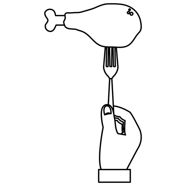 Mano con muslo de pollo en tenedor — Vector de stock